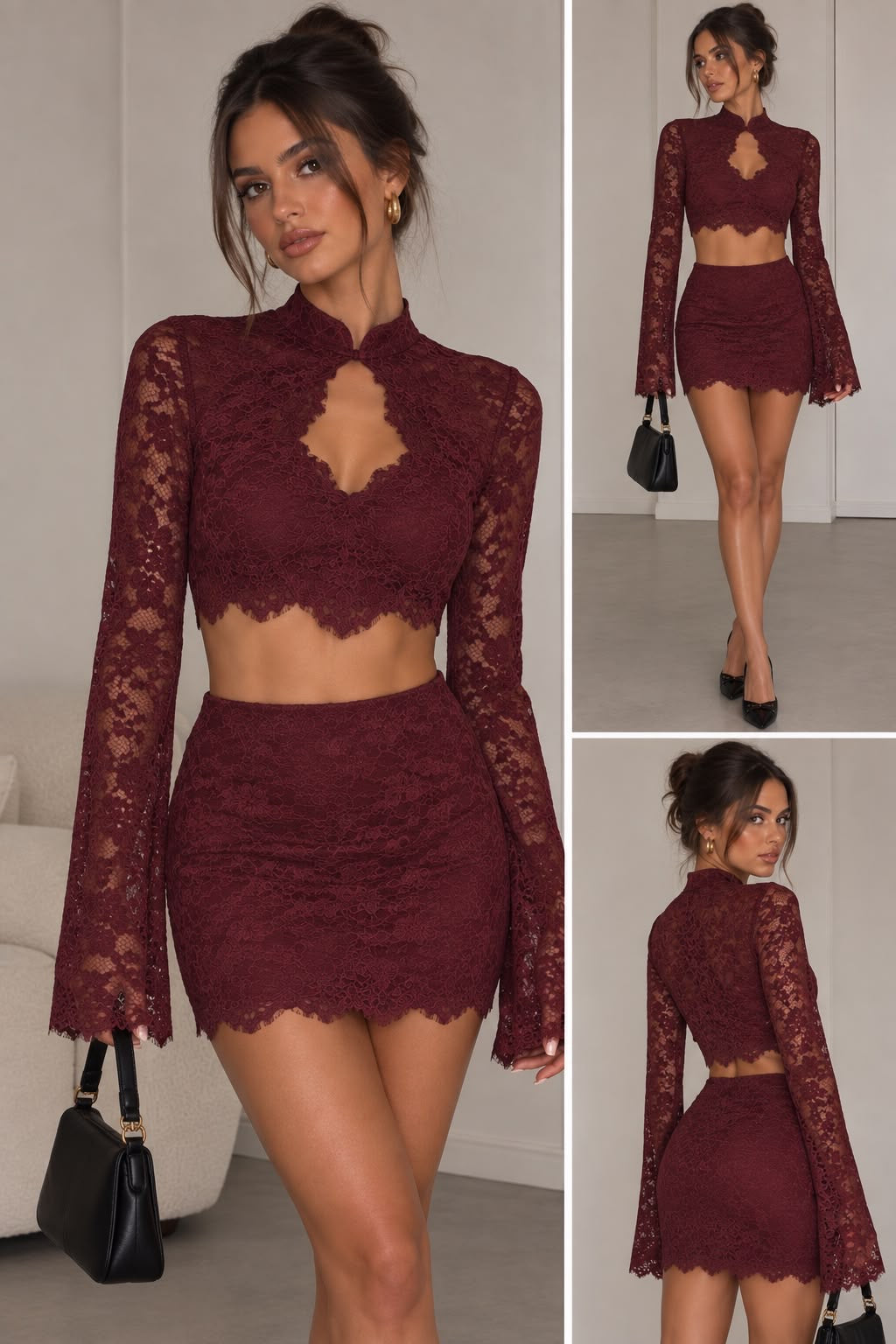Completo pizzo bordeaux