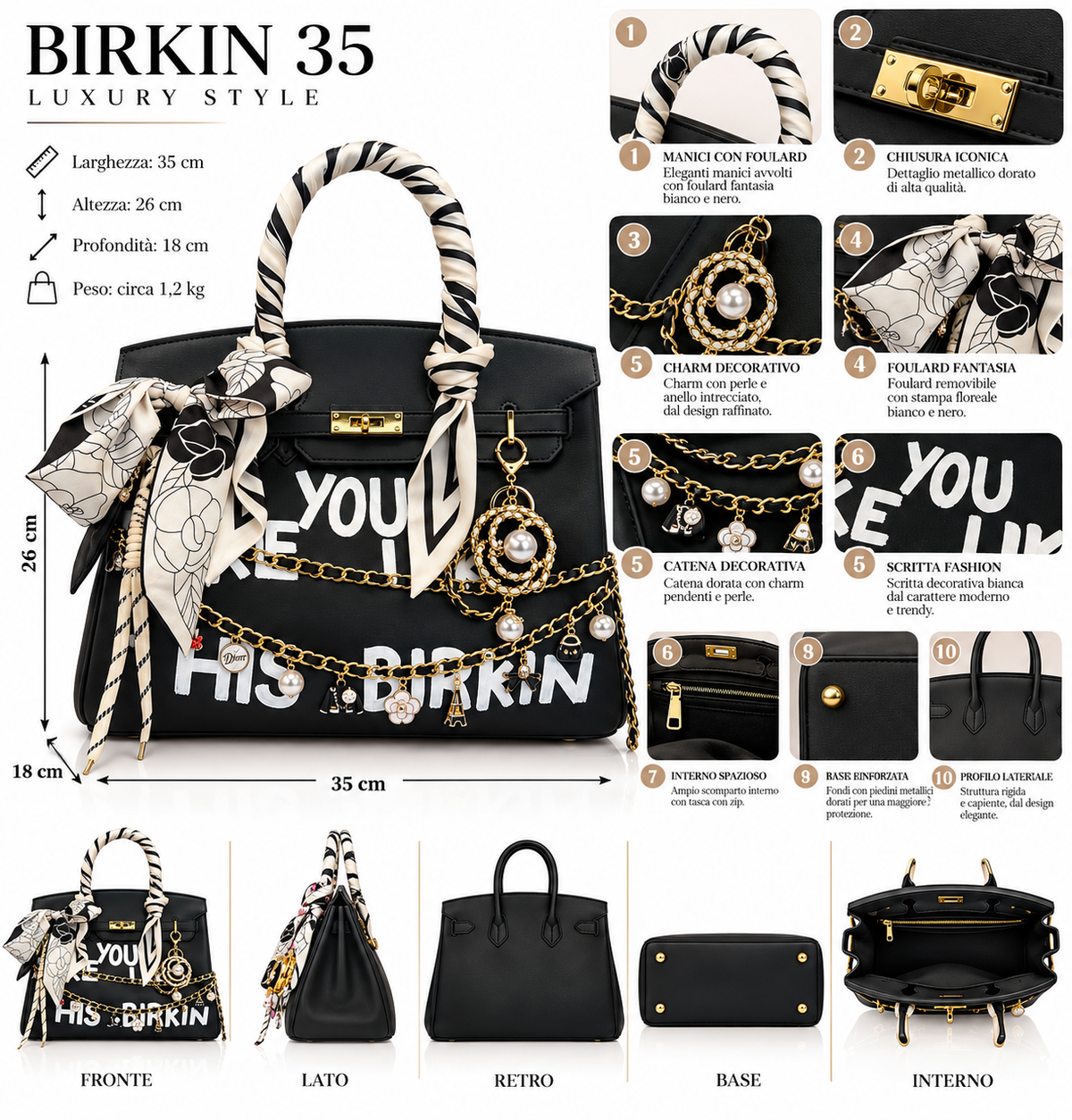 Bag Queen Style 35 β Nero Elegante con Foulard Bianco e Nero, Catene Dorate, Perle e Charm Decorativi β¨π