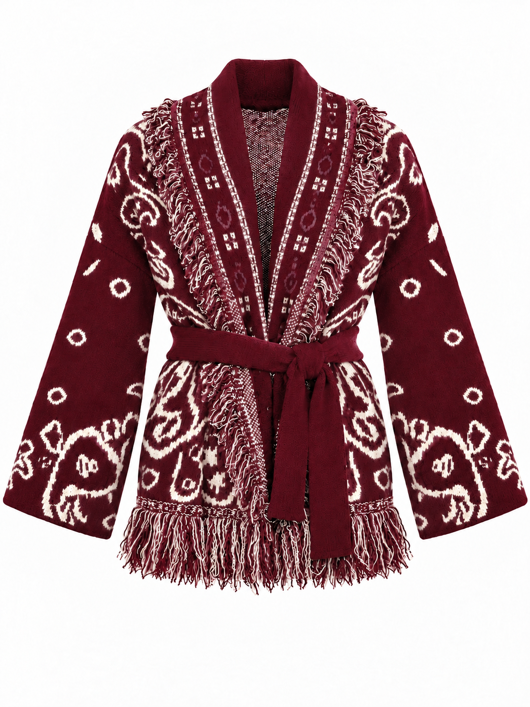 Cardigan Fantasia Paisley con Cintura e Frange