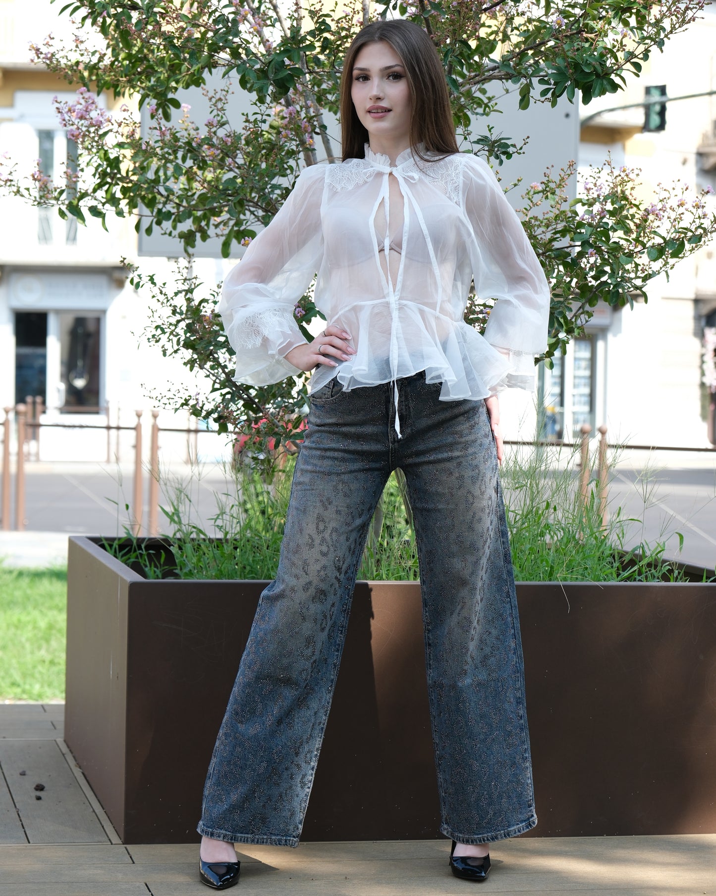 Jeans vintage strass animalier