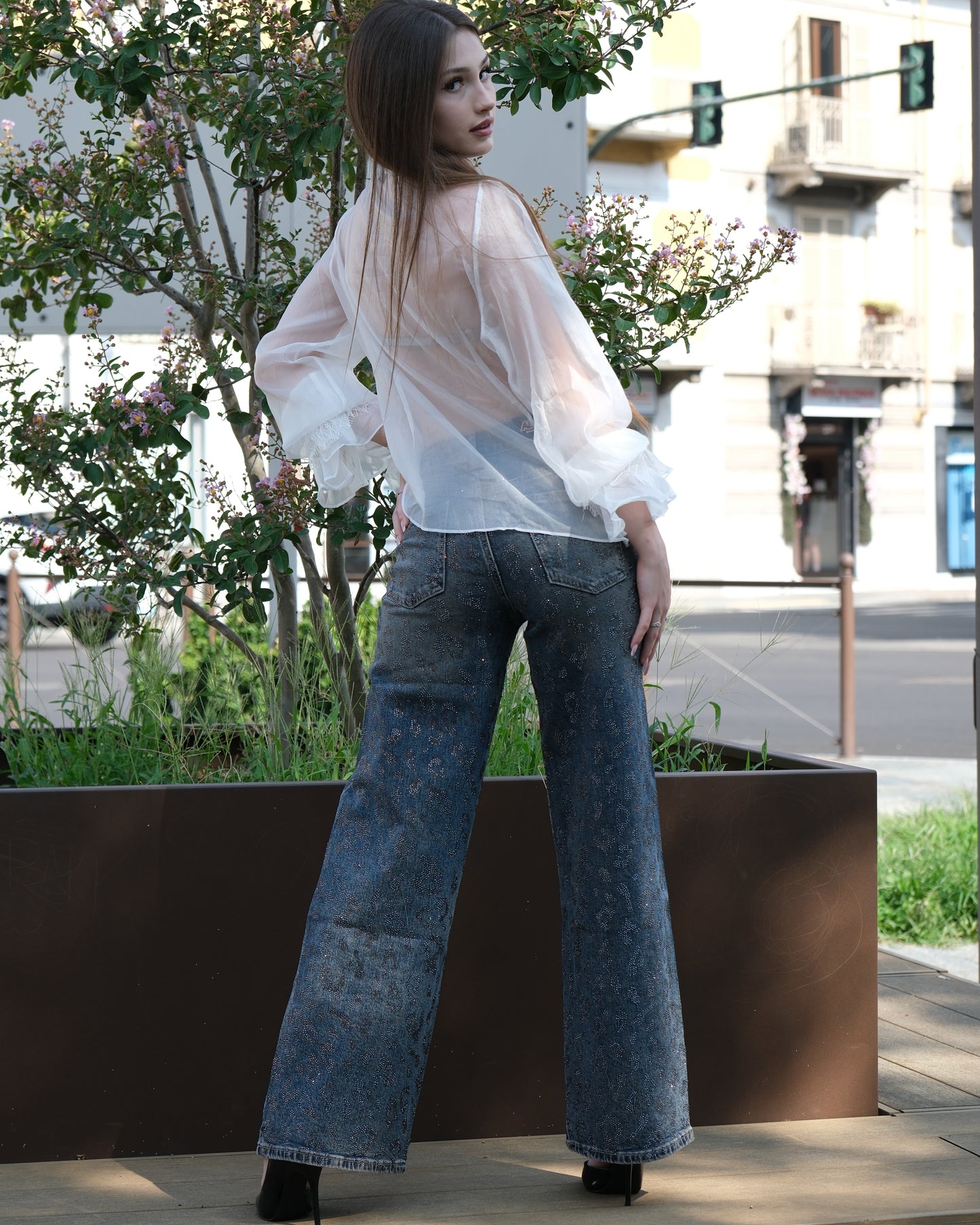 Jeans vintage strass animalier