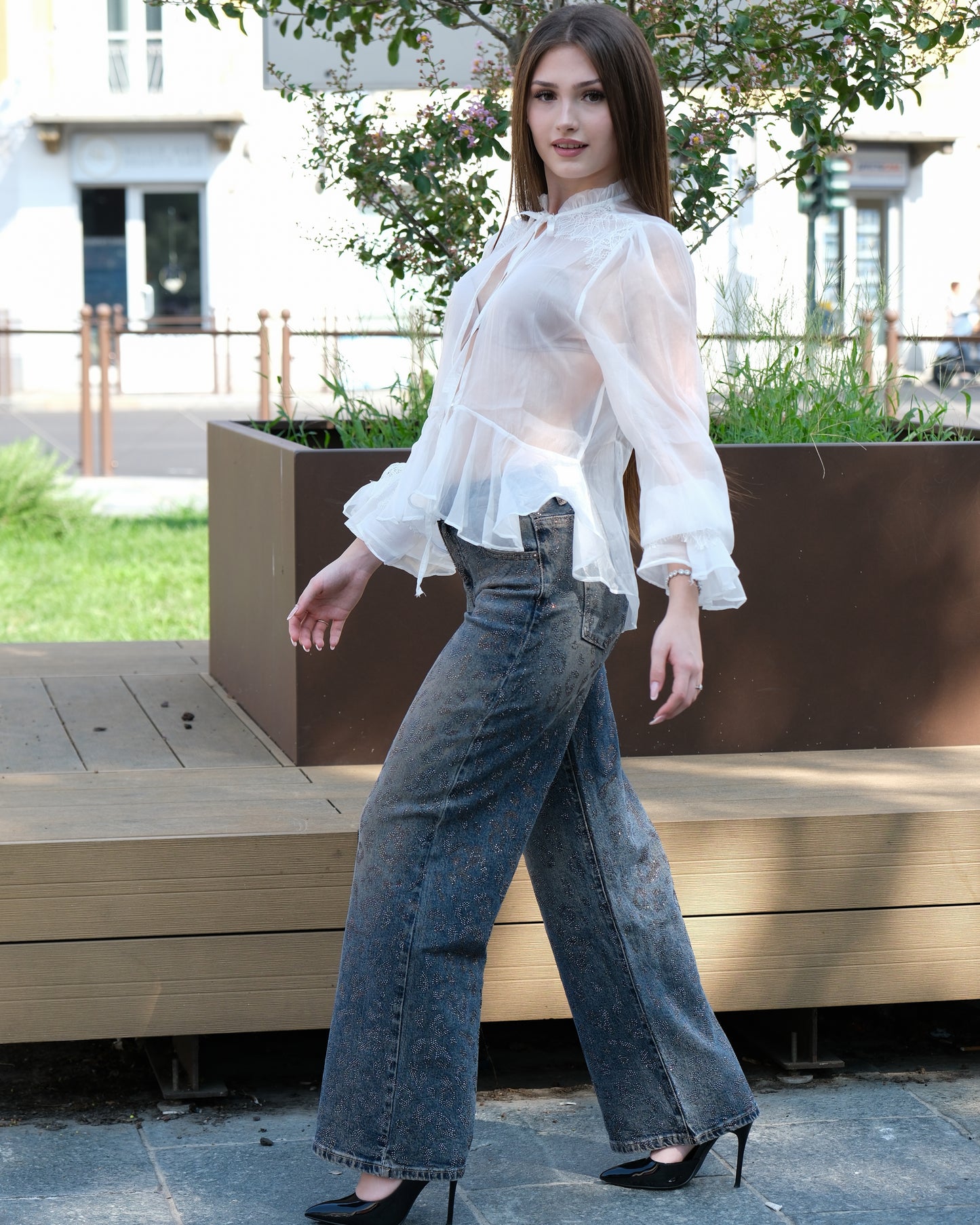Jeans vintage strass animalier