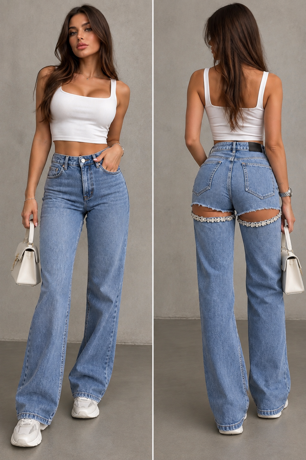 Jeans strappo strass