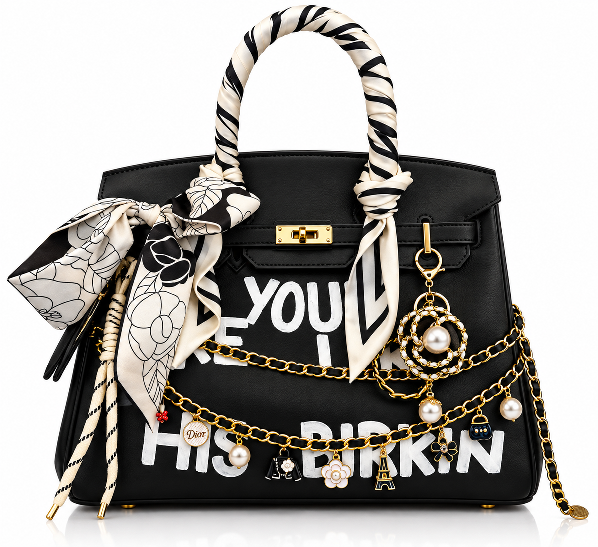 Bag Queen Style 35 – Nero Elegante con Foulard Bianco e Nero, Catene Dorate, Perle e Charm Decorativi ✨👜