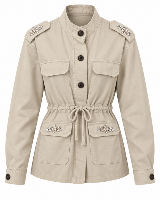 Giacca militare chic con applicazioni gioiello e coulisse in vita
