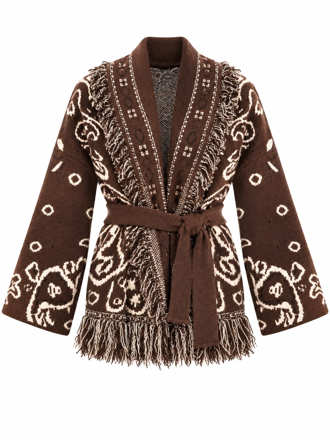 Cardigan Fantasia Paisley con Cintura e Frange