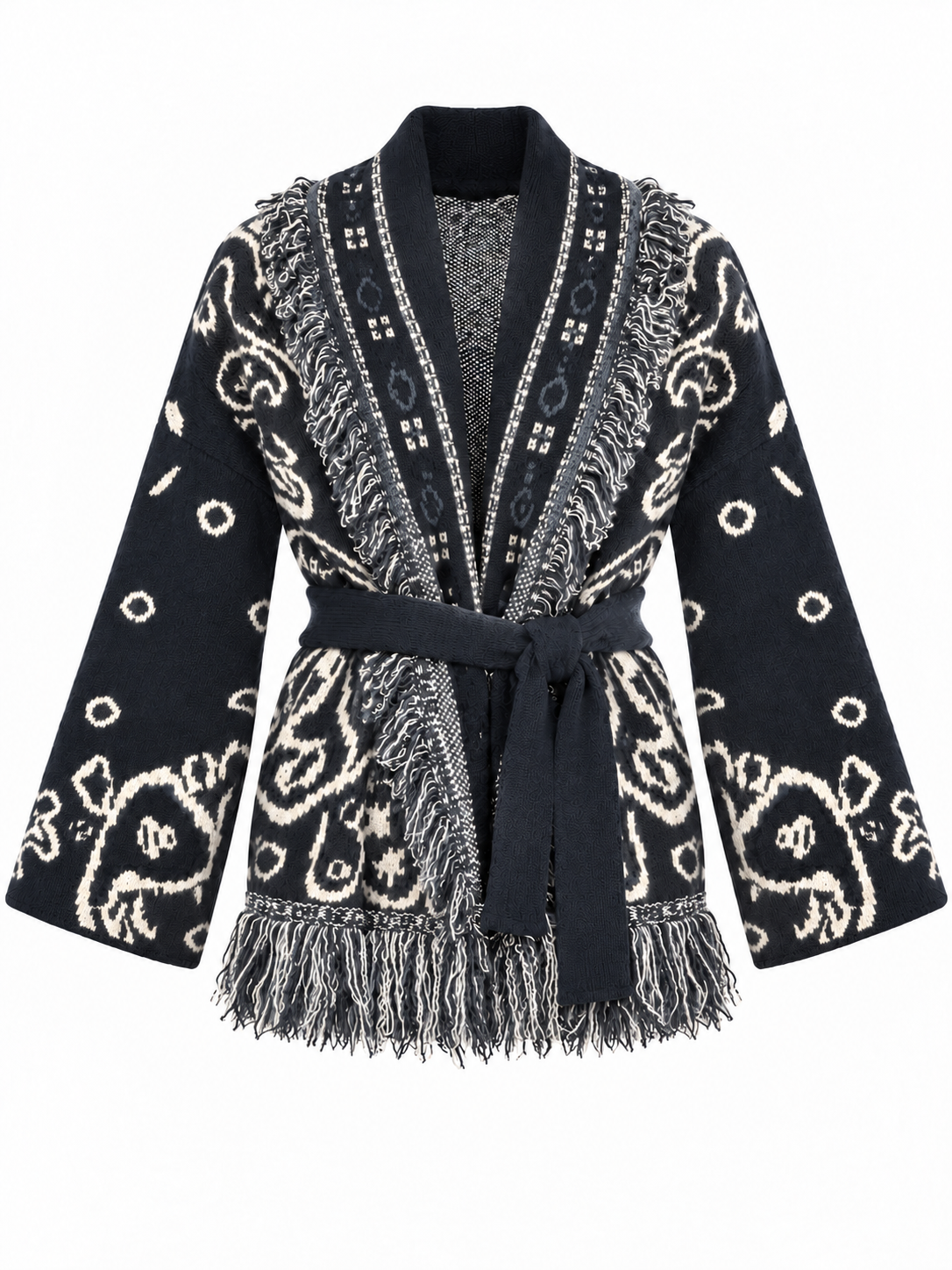 Cardigan Fantasia Paisley con Cintura e Frange